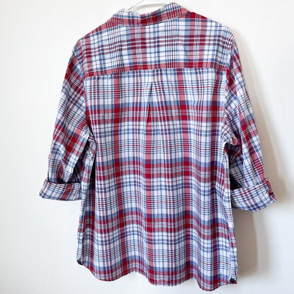 Talbots Woman 2X Red Blue Plaid Button Up Shirt Rolled Sleeve Summer Lightweight - Picture 5 of 9